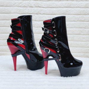 Delight 2 Tone Strappy Black Red Patent 6" Stiletto High Heel Ankle Boots